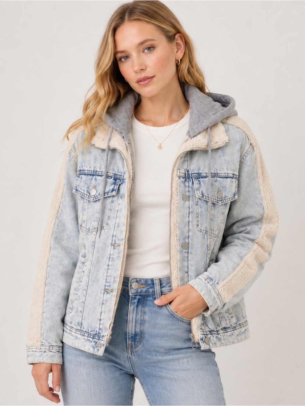 Buckle Hooded Sherpa Lined Denim Jacket Light Wash Jean Coat Cream Gray NWT